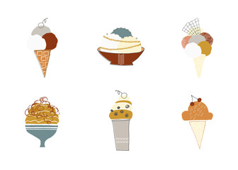 Yummy ice cream in waffle cones and vases. Vector set of isolated objects.
