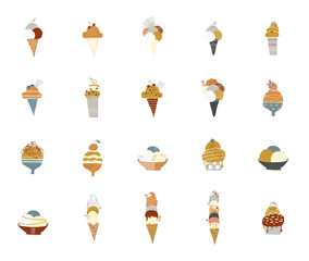 Big vector set of isolated objects. Tasty ice cream in waffle cones and cups and sundaes.