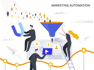 Marketing Automation and Lead Generation flat vector illustration. The process of attracting potential customers to the sales funnel, collecting information and automating the marketing process.