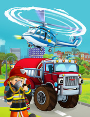 cartoon scene with fireman vehicle on the road - illustration for children