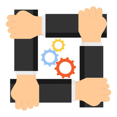 Teamwork, cooperation, interaction. People hold each other's hands. People support each other. Vector illustration.