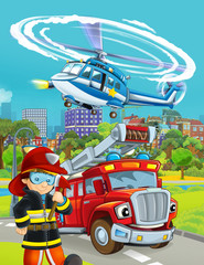 Naklejka premium cartoon scene with fireman vehicle on the road - illustration for children