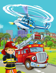 cartoon scene with fireman vehicle on the road - illustration for children