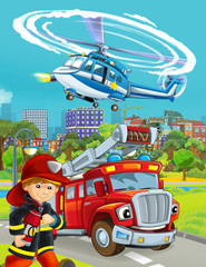 cartoon scene with fireman vehicle on the road - illustration for children