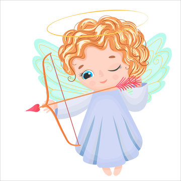 Cute big-eyed blond angel with bow and arrow isolated on white backgaround. Vector illustration of cupid for Valentine's Day greeting card