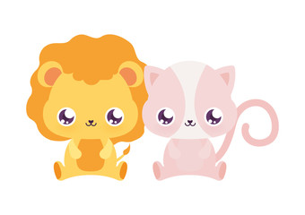 Kawaii lion and cat cartoons vector design
