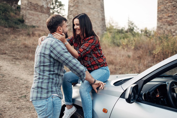 Happy Traveling Couple Together Enjoying Road Trip, Vacation Concept, Holidays Outside the City, Two Cheerful People