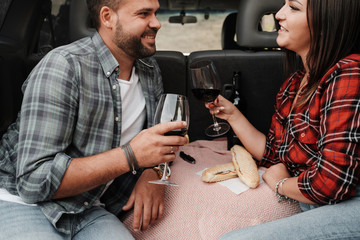 Happy Traveling Couple Together Enjoying Road Trip, Vacation Concept, Holidays Outside the City, Two Cheerful People