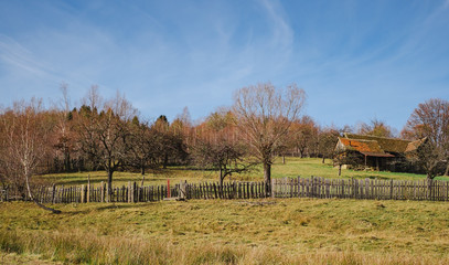 Romanian old sheepfold on the top of the hill in the fall season, Fantanele village, Sibiu county, Cindrel mountains, 1100m, Romania