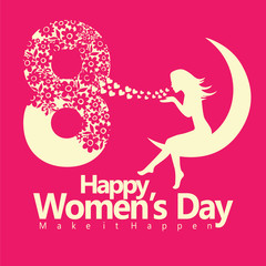 Postcard women day, with silhouette crescent moon and women and love flowers