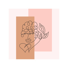 A woman's portrait, the face of a woman with curly hair and full lips. A branch with leaves and a heart. Continuous drawing of a single line, vector