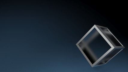 Cube with glass faces and metallic structure on blue background - 3D rendering illustration