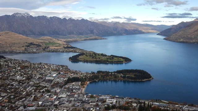 Looking down at Queenstown with beautiful lake from top of mountain © sayrhkdsu