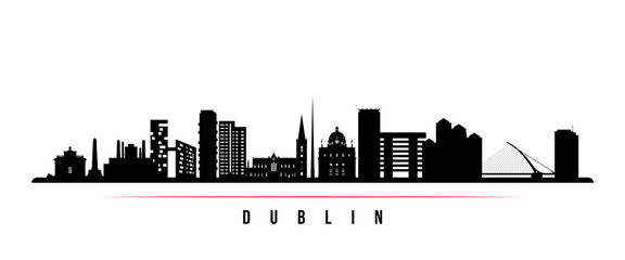 Fototapeta premium Poziomy baner panoramę Dublina. Czarno-biała sylwetka Dublina, Irlandia. Szablon wektor dla swojego projektu.