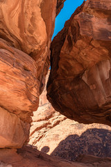 The unique red sandstone rock formations in Valley of Fire State park, Nevada, USA