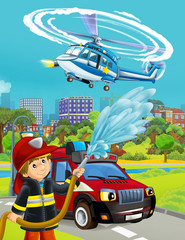 cartoon scene with fireman vehicle on the road - illustration for children