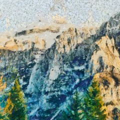 Bright mountains landscape painting in oil style. Print art in big size wall decor. Digital artwork. Tourism scene. Great nature power. Large pint strokes on canvas. 