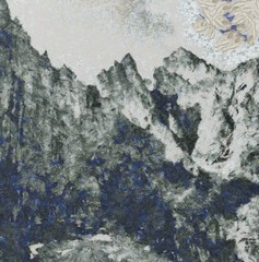 Bright mountains landscape painting in oil style. Print art in big size wall decor. Digital artwork. Tourism scene. Great nature power. Large pint strokes on canvas. 