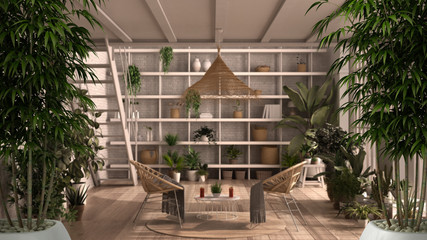Zen interior with potted bamboo plant, natural interior design concept, modern conservatory, winter garden, lounge, rattan armchair, table, parquet floor, architecture concept idea