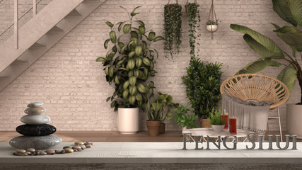 Vintage wooden table shelf with pebble balance and 3d letters making the word feng shui over modern conservatory, winter garden, lounge with armchair, zen concept interior design