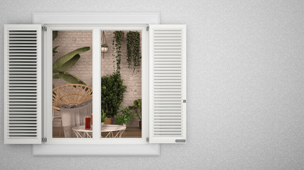 Exterior plaster wall with white window with shutters, showing interior conservatory, blank background with copy space, architecture design concept idea, mockup template