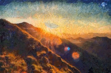 Bright mountains landscape painting in oil style. Print art in big size wall decor. Digital artwork. Tourism scene. Great nature power. Large pint strokes on canvas. 