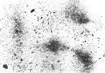 Black charcoal dust explosion, gunpowder isolated on white background and texture, top view