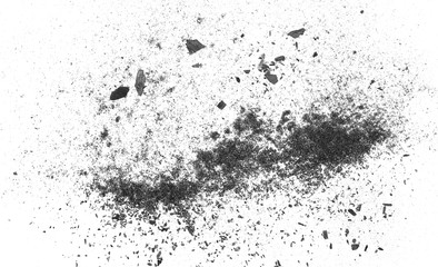 Black charcoal dust explosion, gunpowder isolated on white background and texture, top view