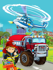 cartoon scene with fireman vehicle on the road - illustration for children