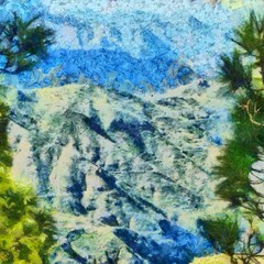Fototapeta na wymiar Bright mountains landscape painting in oil style. Print art in big size wall decor. Digital artwork. Tourism scene. Great nature power. Large pint strokes on canvas. 