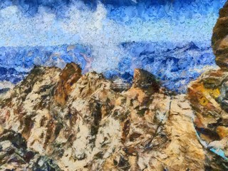 Bright mountains landscape painting in oil style. Print art in big size wall decor. Digital artwork. Tourism scene. Great nature power. Large pint strokes on canvas. 