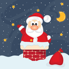 Santa Claus in the chimney  on white snow background. Creative Christmas composition. Humorous xmas collection. Festive background. Merry Christmas, Happy new Year, Happy Holidays.