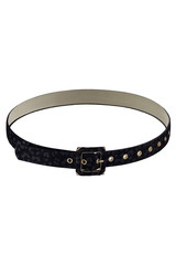 Subject shot of a showy black fur belt with leopard pattern, a furry buckle and golden eyelets. The stylish belt is isolated on the white background.