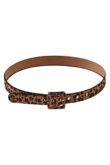 Subject shot of a showy brown fur belt with leopard pattern, a furry buckle and golden eyelets. The stylish belt is isolated on the white background.