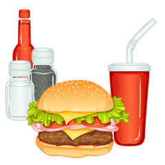 Still life with burger, cola, salt, pepper and sauce. Vector color illustration isolated on white background. Burger Menu. Fast food icon.