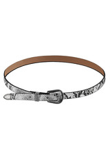 Subject shot of a showy gray leather belt with black snake pattern, silver ornamental end and buckle. The stylish belt is isolated on the white background.