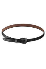 Subject shot of a showy black smooth leather belt with silver ornamental buckle, belt end and loop. The stylish belt is isolated on the white background.