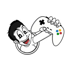man holding game console joystick controller logo brand