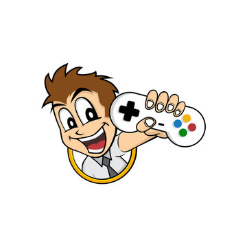 man holding game console joystick controller logo brand