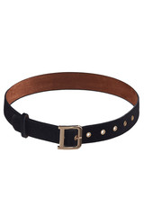 Subject shot of a showy black velvet belt with a golden buckle and golden eyelets. The stylish belt is isolated on the white background.