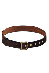 Subject shot of a showy coffee-coloured velvet belt with a golden buckle and golden eyelets. The stylish belt is isolated on the white background.