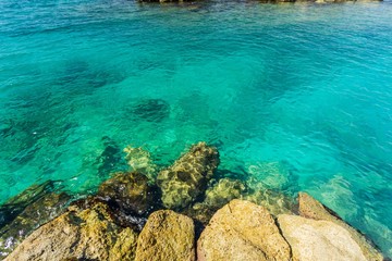 Beautiful view of coast line of Atlantic ocean on Curacao island. Gorgeous nature landscape backgrounds. Caribbean.