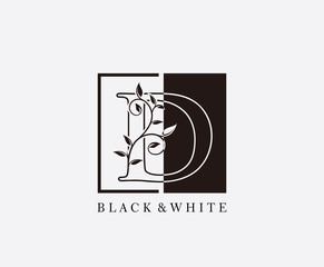 Vintage D Letter Leaves Logo. Black and White D With Classy Leaves Shape Logo Design