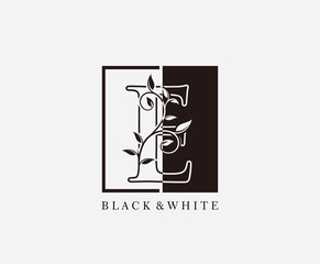 Vintage E Letter Leaves Logo. Black and White E With Classy Leaves Shape Logo Design