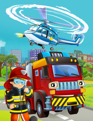 cartoon scene with fireman vehicle on the road - illustration for children
