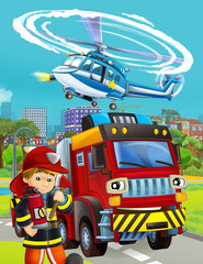 cartoon scene with fireman vehicle on the road - illustration for children