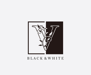 Vintage V Letter Leaves Logo. Black and White V With Classy Leaves Shape Logo Design