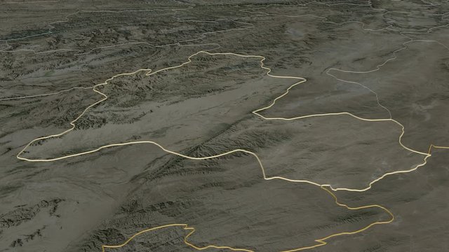 Zabul, province with its capital, zoomed and extruded on the satellite map of Afghanistan in the conformal Stereographic projection. Animation 3D