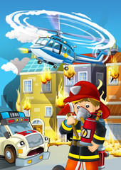 Obraz na płótnie Canvas cartoon stage with fireman fire fighting near some building smoking - illustration for children