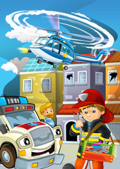 Naklejka premium cartoon stage with fireman fire fighting near some building smoking - illustration for children